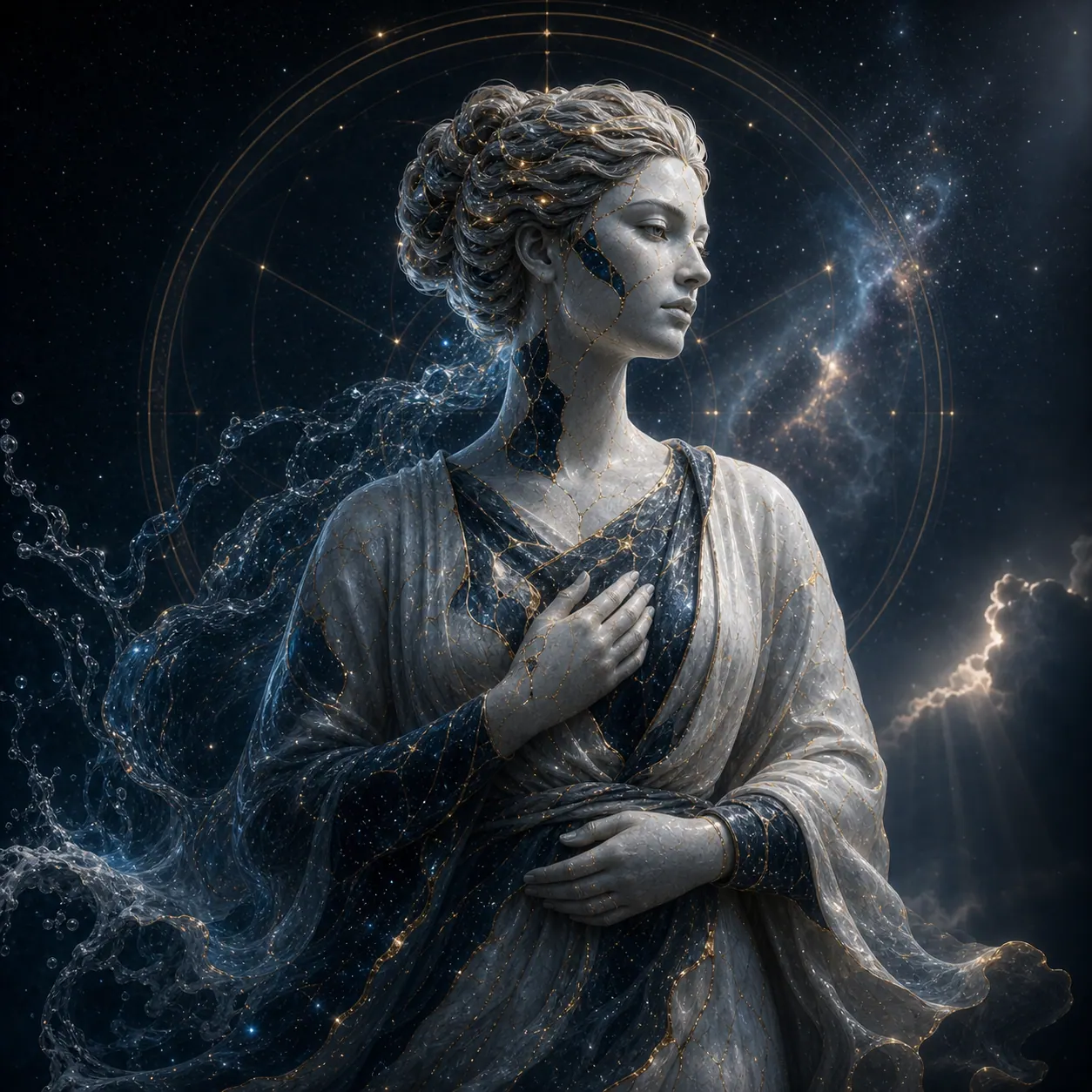 Figura feminina de mármore e cosmos, interpretação artística da memória criadora