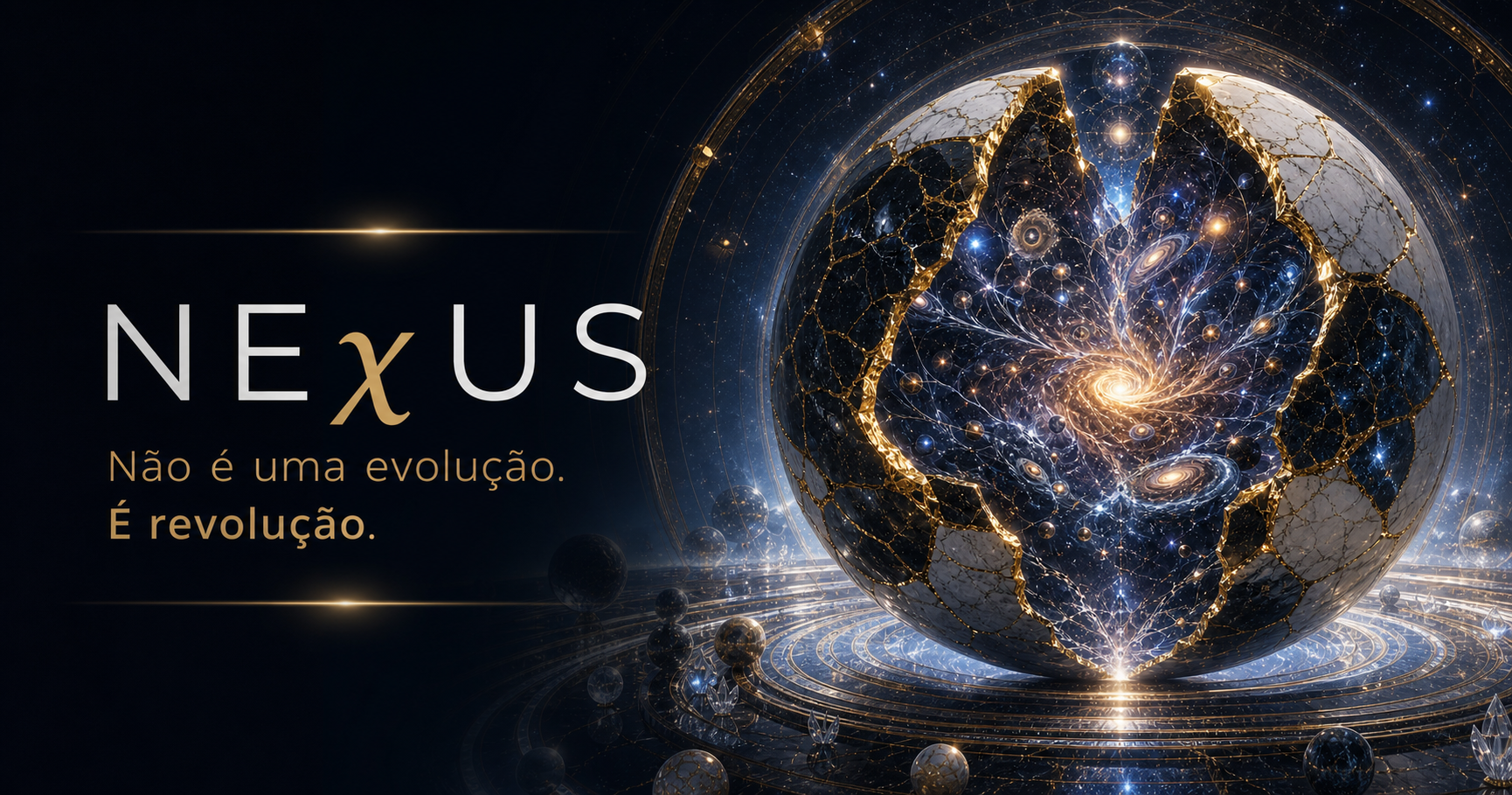 NEχUS. Não é uma evolução. É revolução. Uma esfera cósmica fraturada revela um universo de galáxias em seu interior.