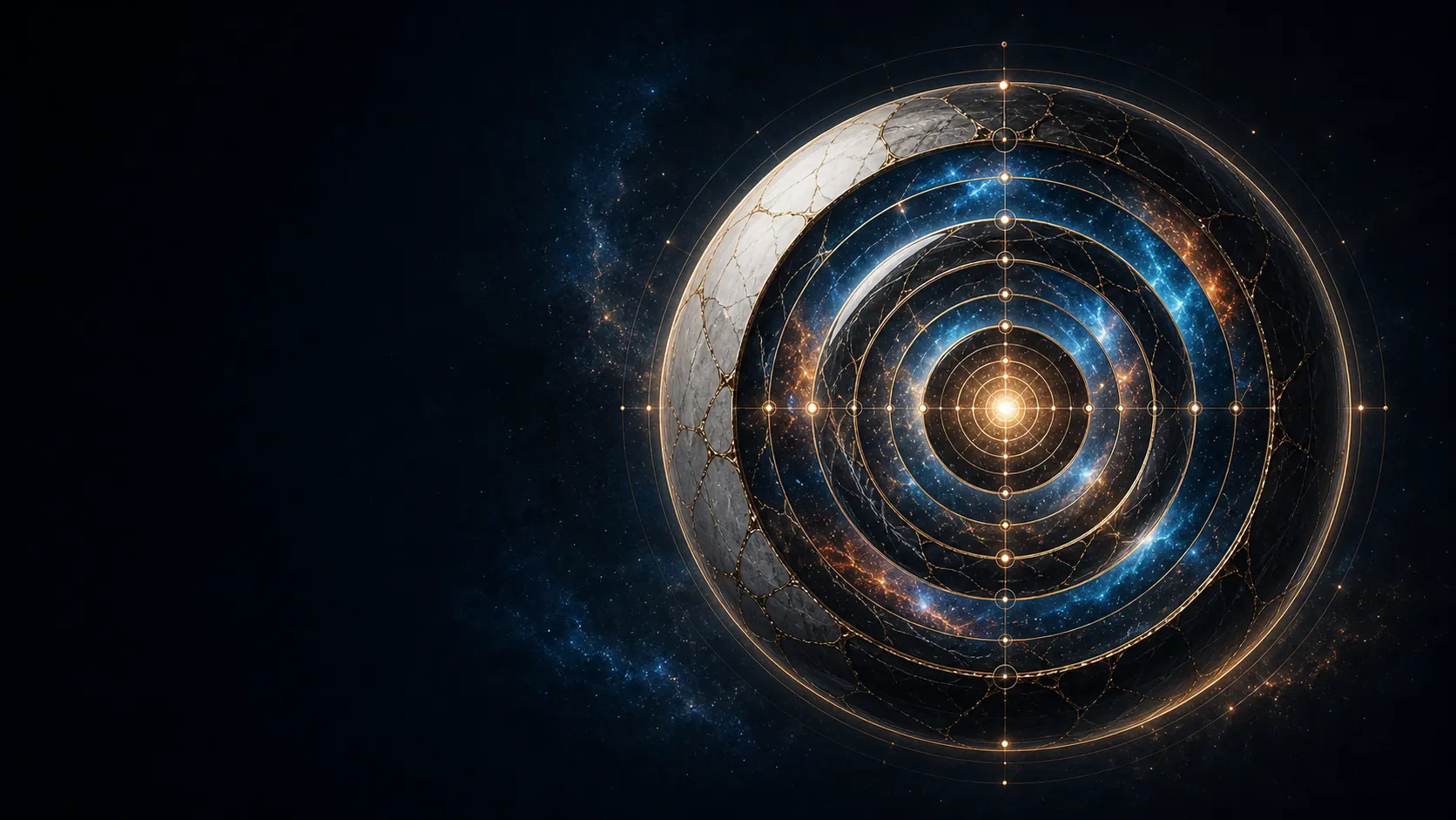 Esfera NEχUS formada por sete níveis concêntricos azuis, dourados e minerais