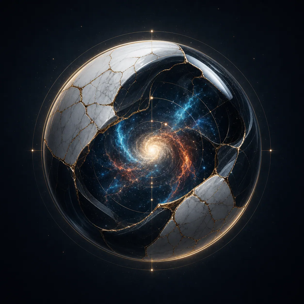 Esfera de matéria clara aberta, revelando um núcleo cósmico azul e dourado