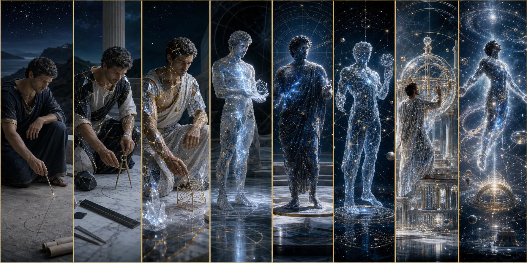 Oito transformações visuais progressivas de Número, forma e cosmos, do humano à representação celeste