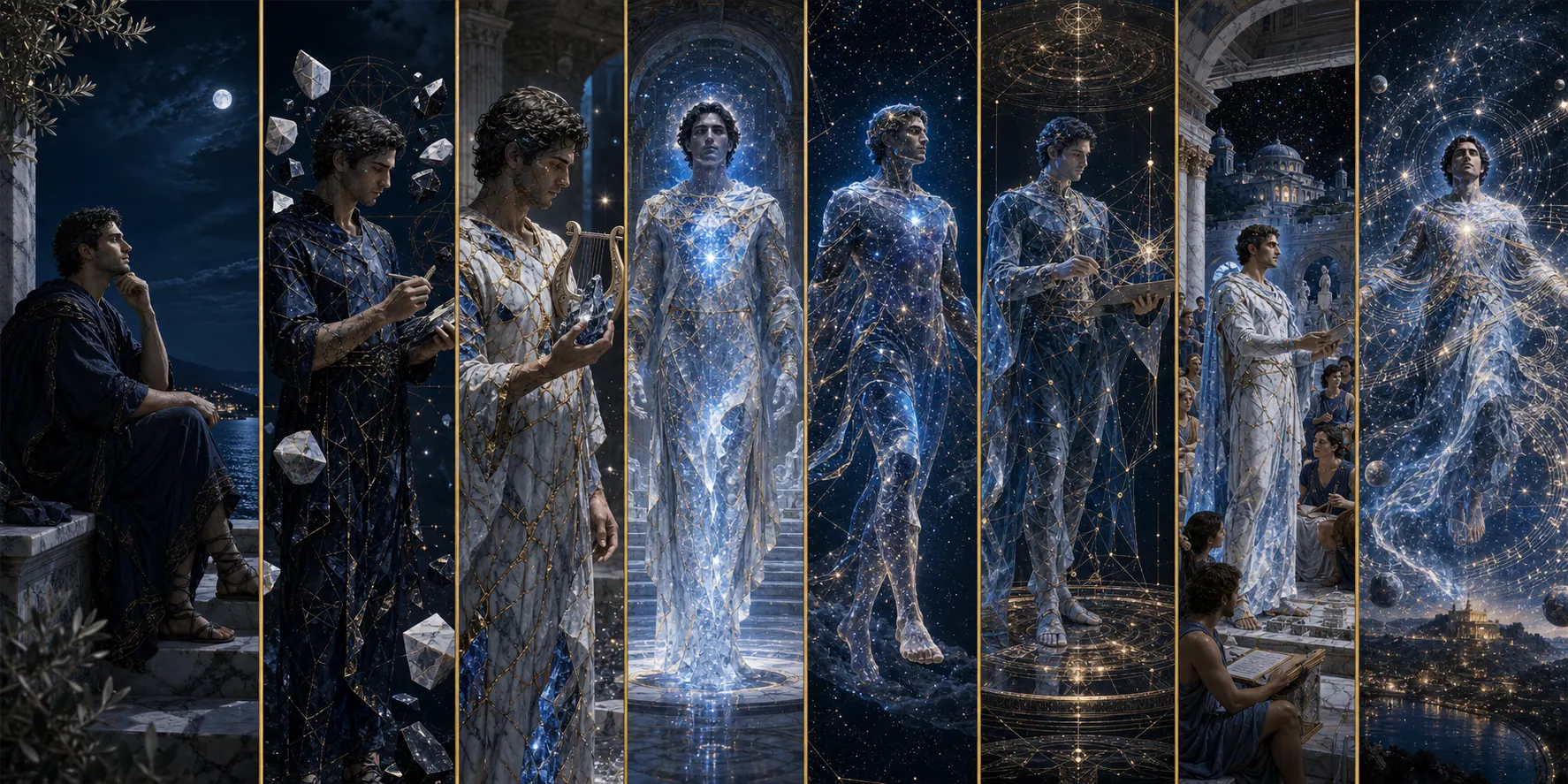 Oito transformações visuais progressivas de Música, artes e representação, do humano à representação celeste