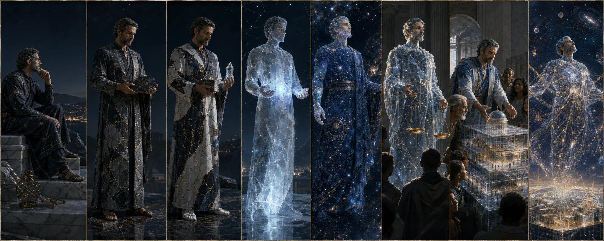 Oito transformações visuais progressivas de Ética, lei e vida comum, do humano à representação celeste