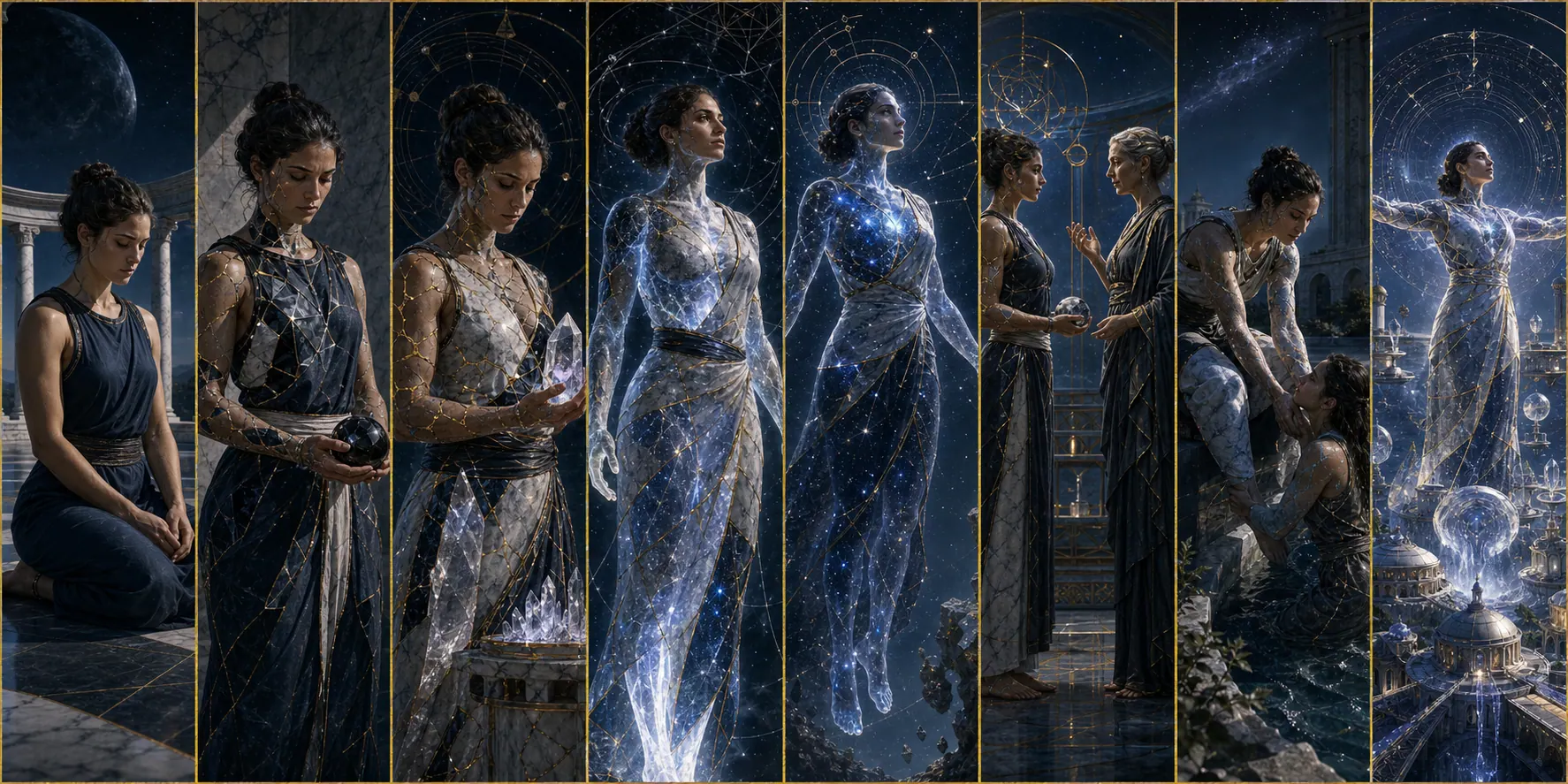 Oito transformações visuais progressivas de Corpo, disciplina e prontidão, do humano à representação celeste