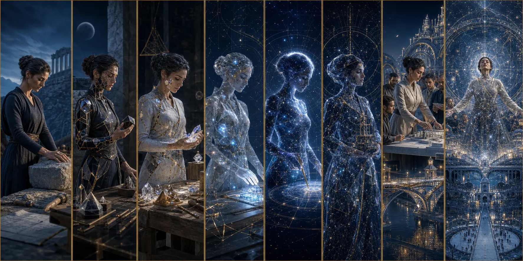 Oito transformações visuais progressivas de Ofícios, fabricação e mundo construído, do humano à representação celeste