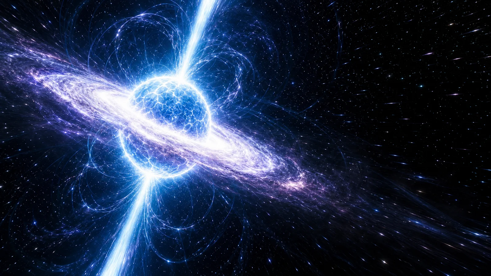 Interpretação artística de uma pulsar azul-violeta com núcleo luminoso e feixes polares.