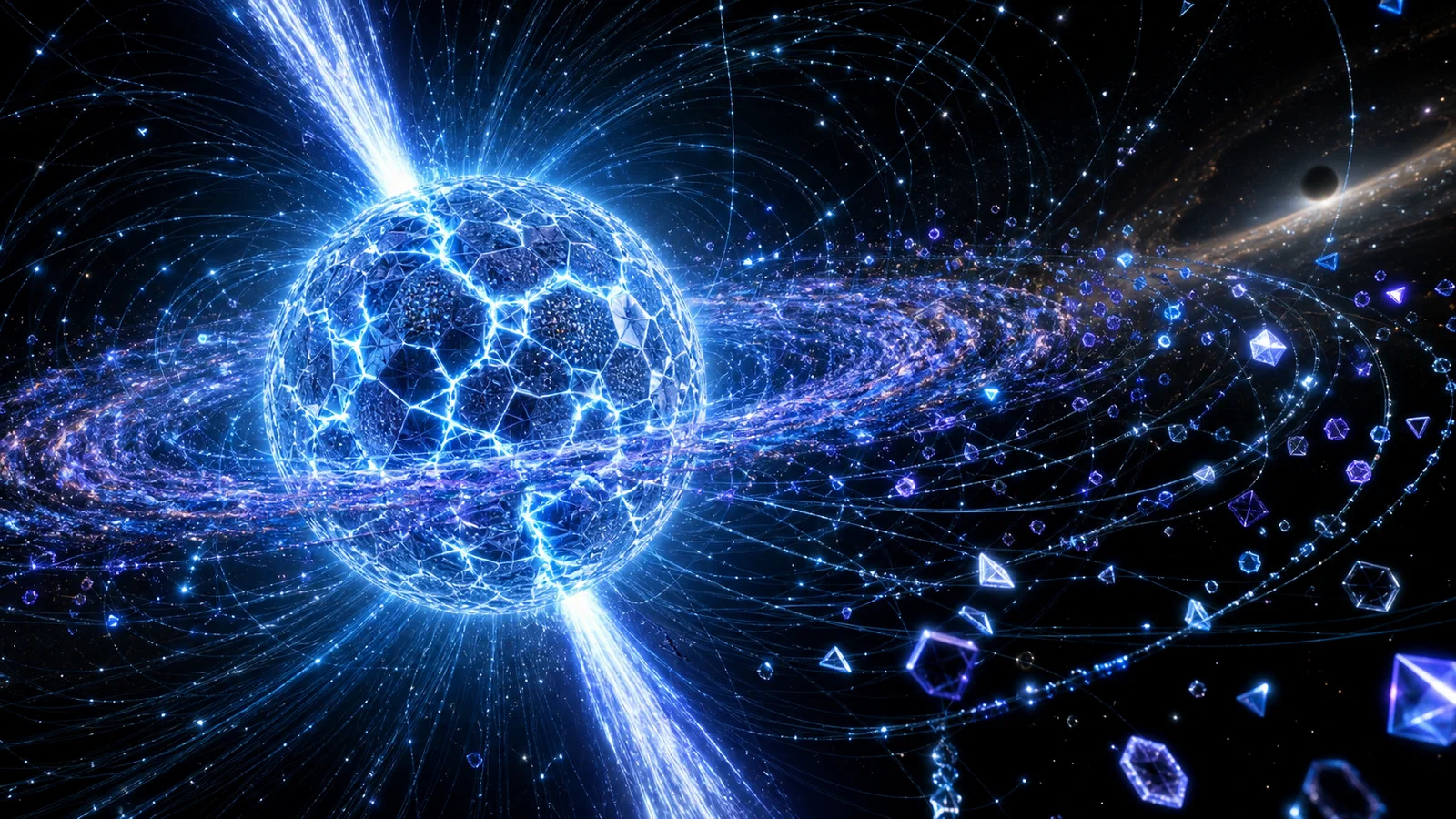 Composição sintética de três faculdades luminosas convergindo em um núcleo PULSAR.