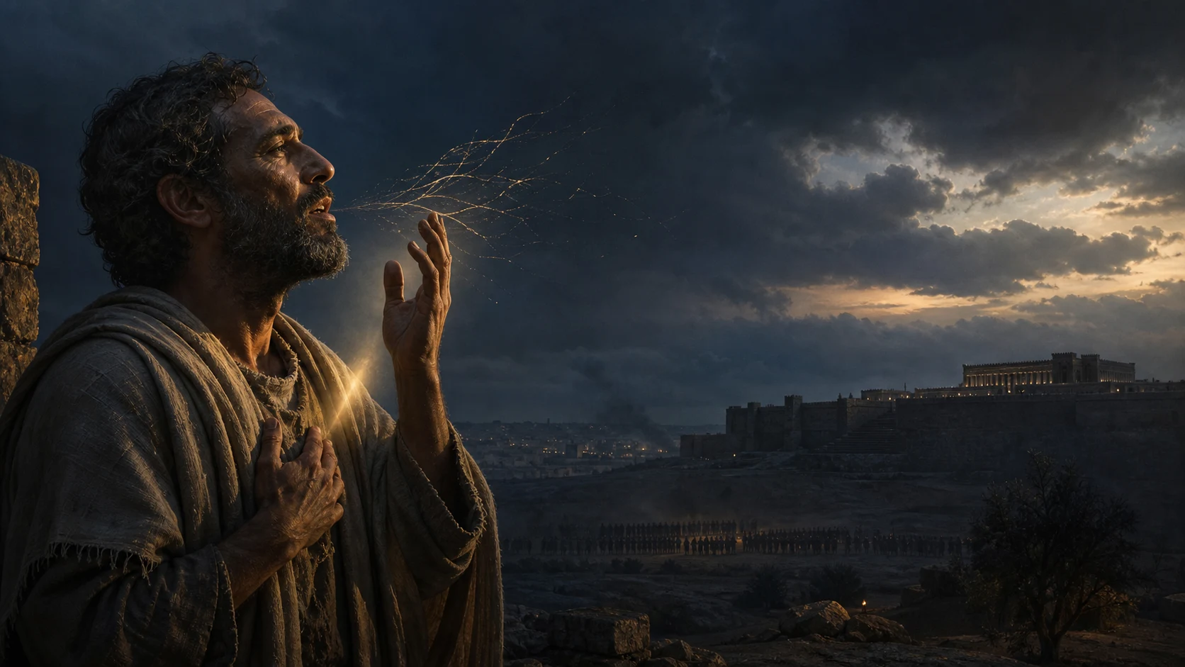 Isaías em Jerusalém ao crepúsculo, com fios dourados se desfazendo junto aos lábios e uma luz discreta chamando o coração