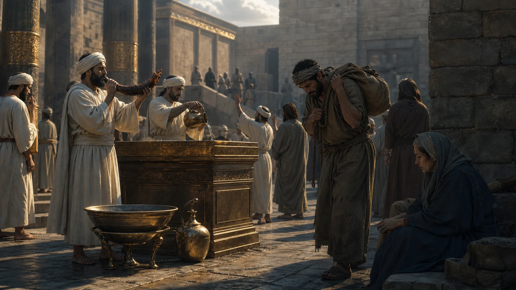Um pátio de culto em Jerusalém no qual gestos rituais convivem com uma viúva ignorada e um trabalhador explorado