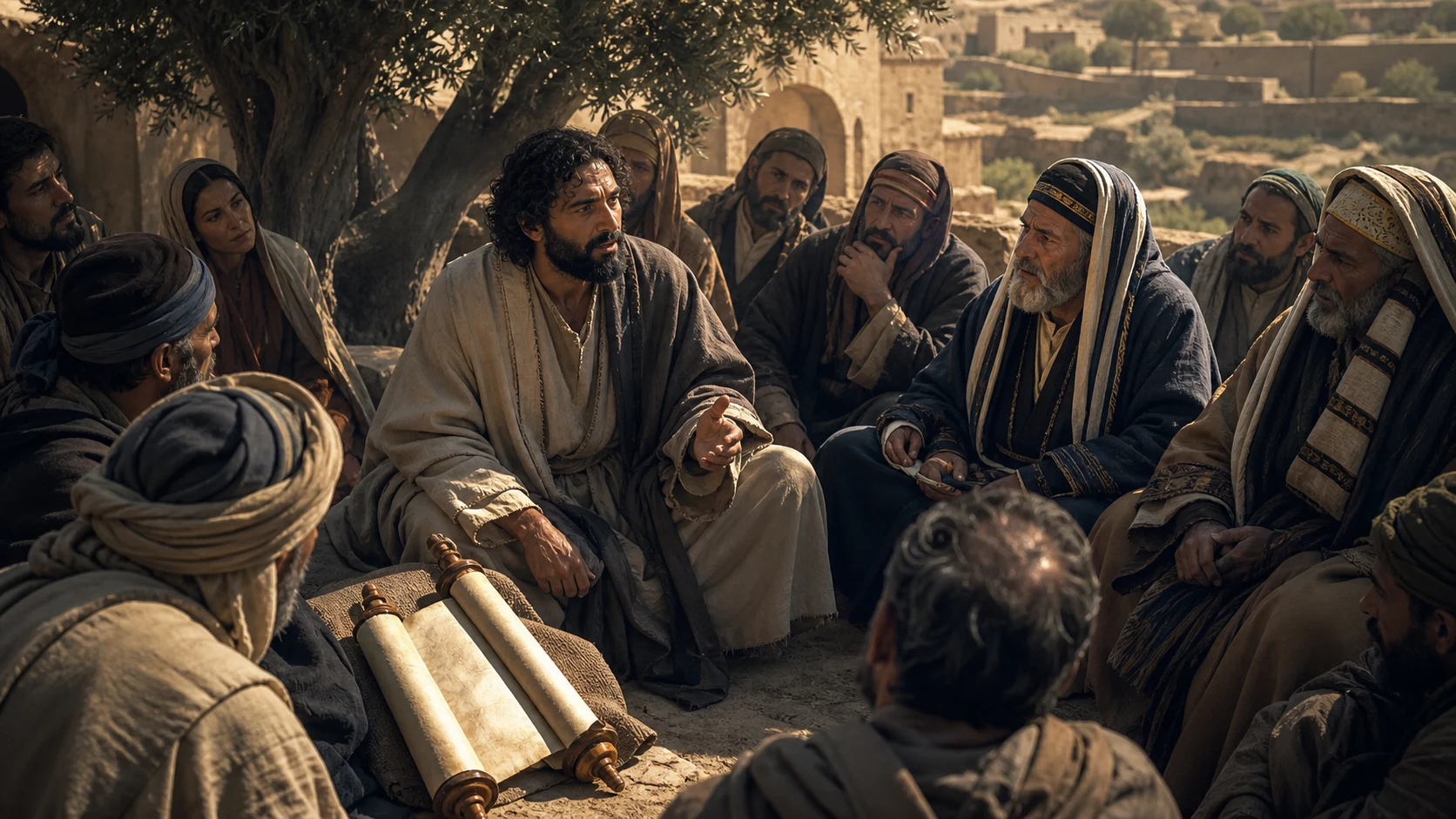 Jesus ensina ao ar livre diante de discípulos, escribas e fariseus reunidos em torno de um rolo aberto