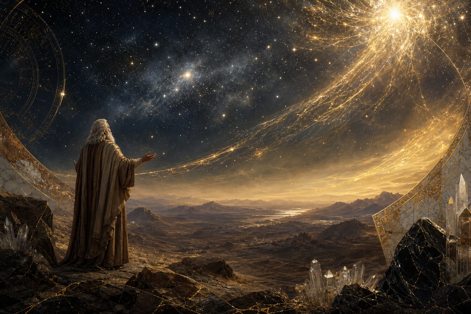 Representação artística sintética de Abraão contemplando um céu repleto de estrelas