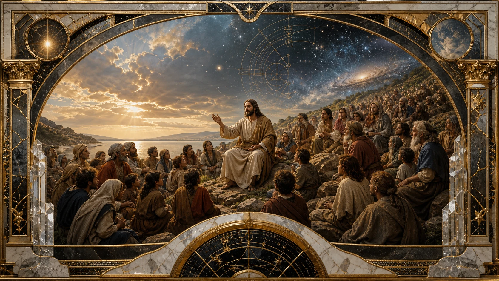 Representação artística sintética de Jesus ensinando uma multidão