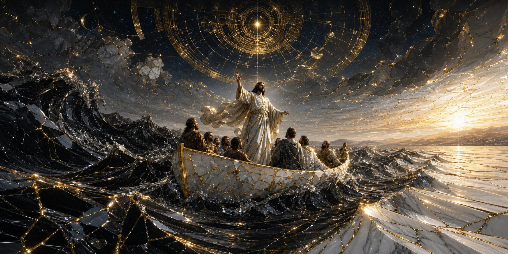 Representação artística sintética de Jesus e os discípulos durante a tempestade no mar