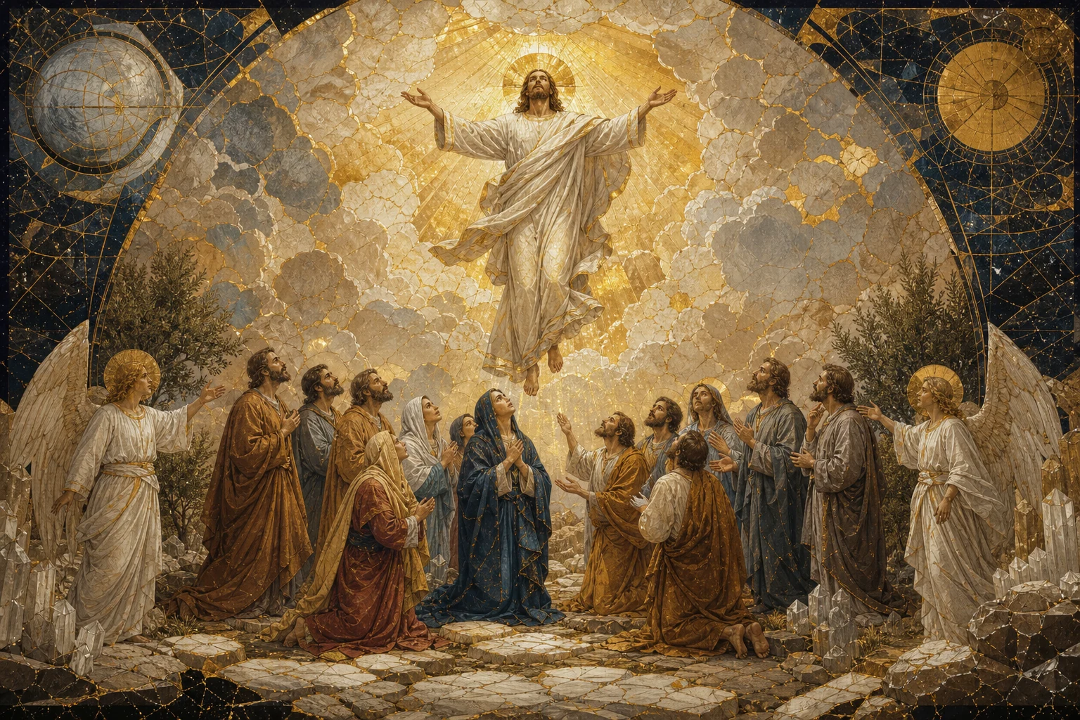 Representação artística sintética da Ascensão de Jesus diante dos discípulos