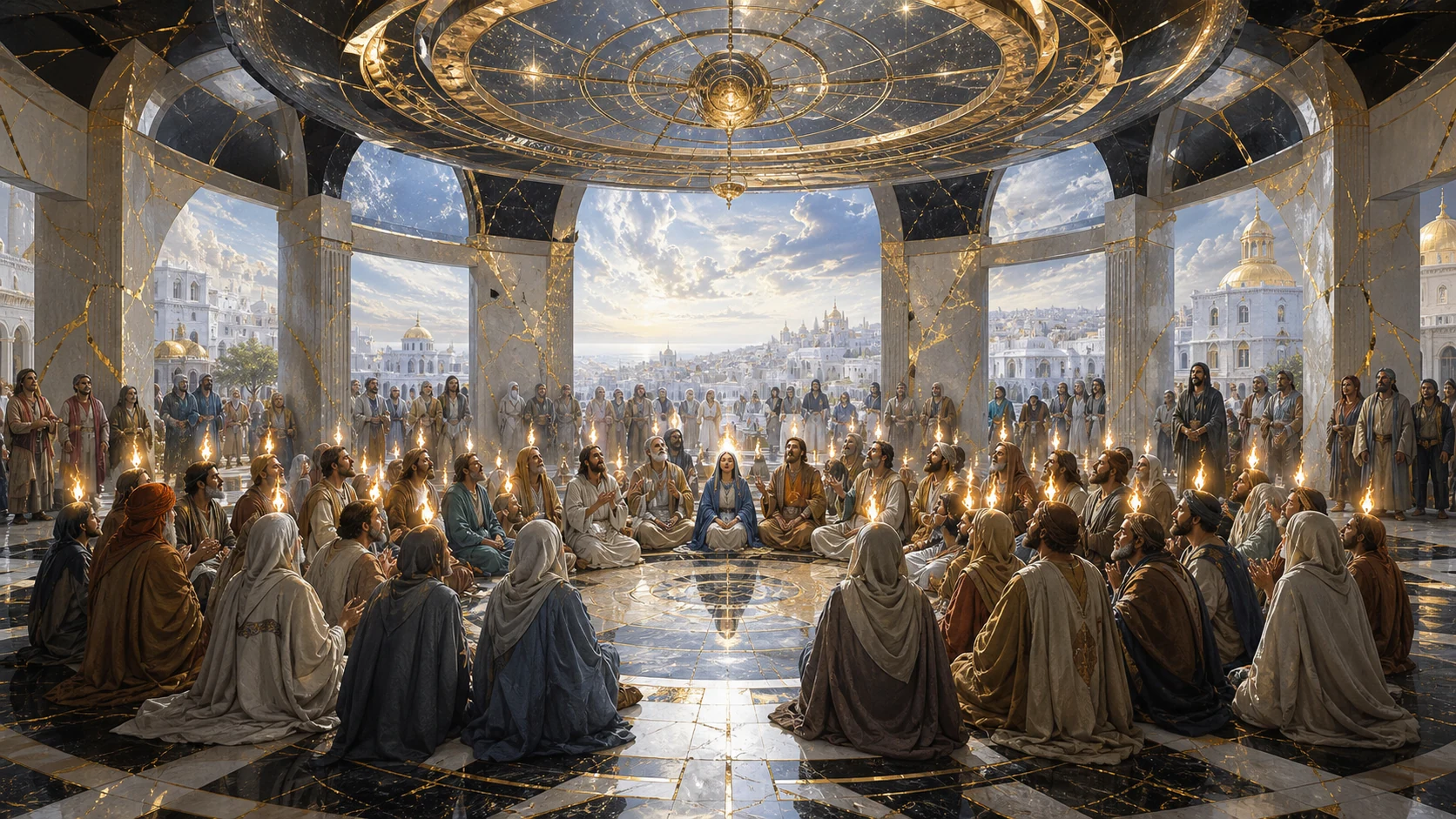 Representação artística sintética de Pentecostes entre Maria e os discípulos