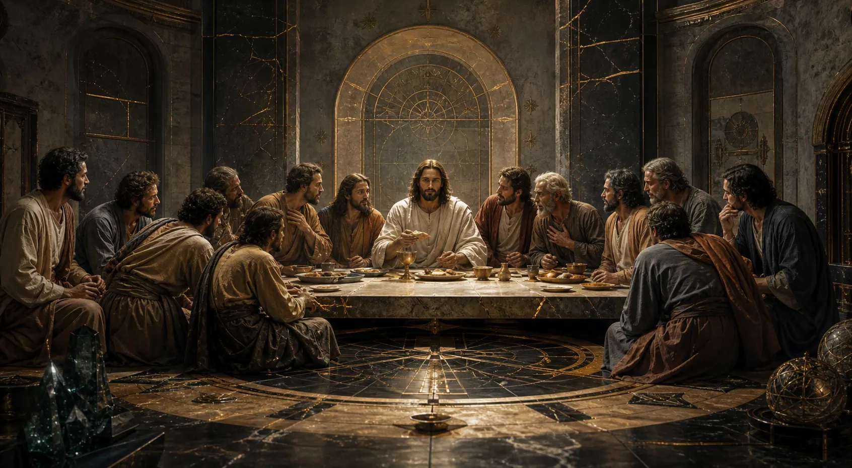 Interpretação artística de Jesus à mesa com os discípulos