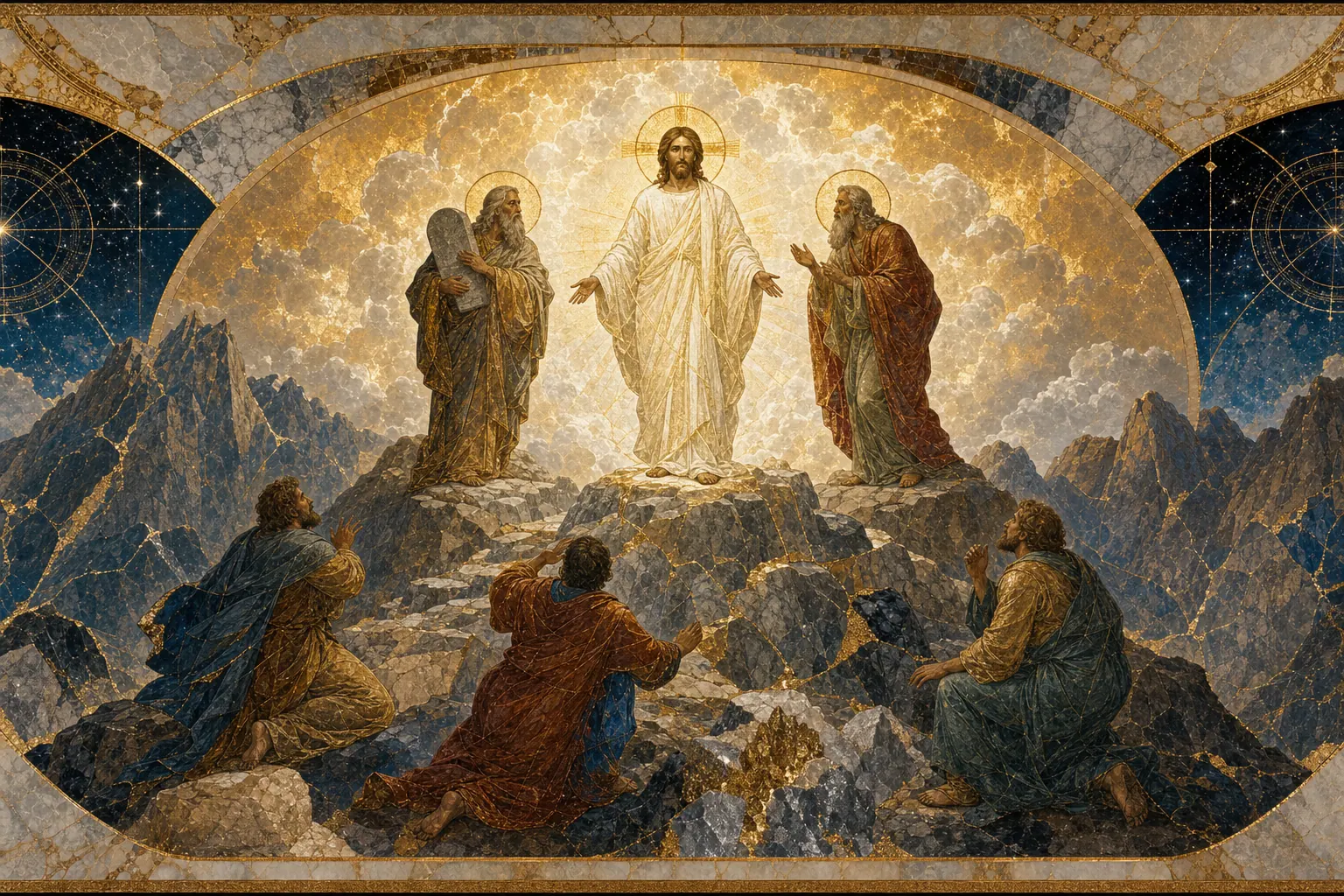 Interpretação artística da Transfiguração de Jesus em uma montanha iluminada.