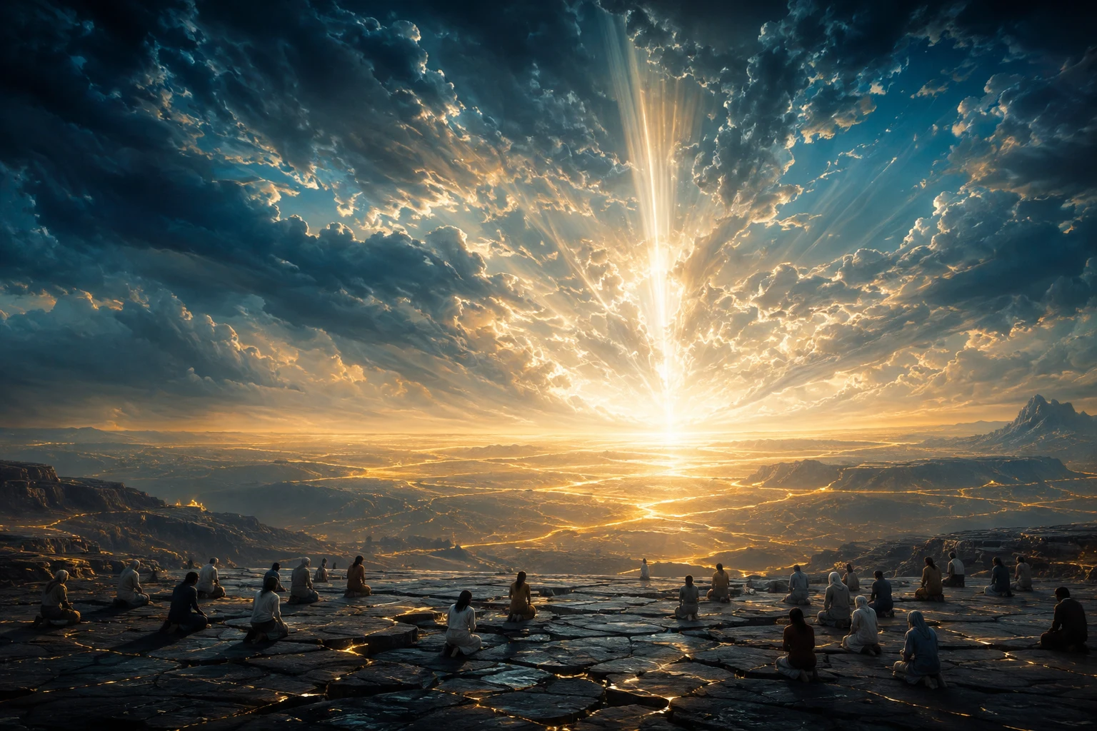 Pessoas ajoelhadas sobre uma paisagem de pedra diante de um horizonte luminoso, entre nuvens azuis e douradas.