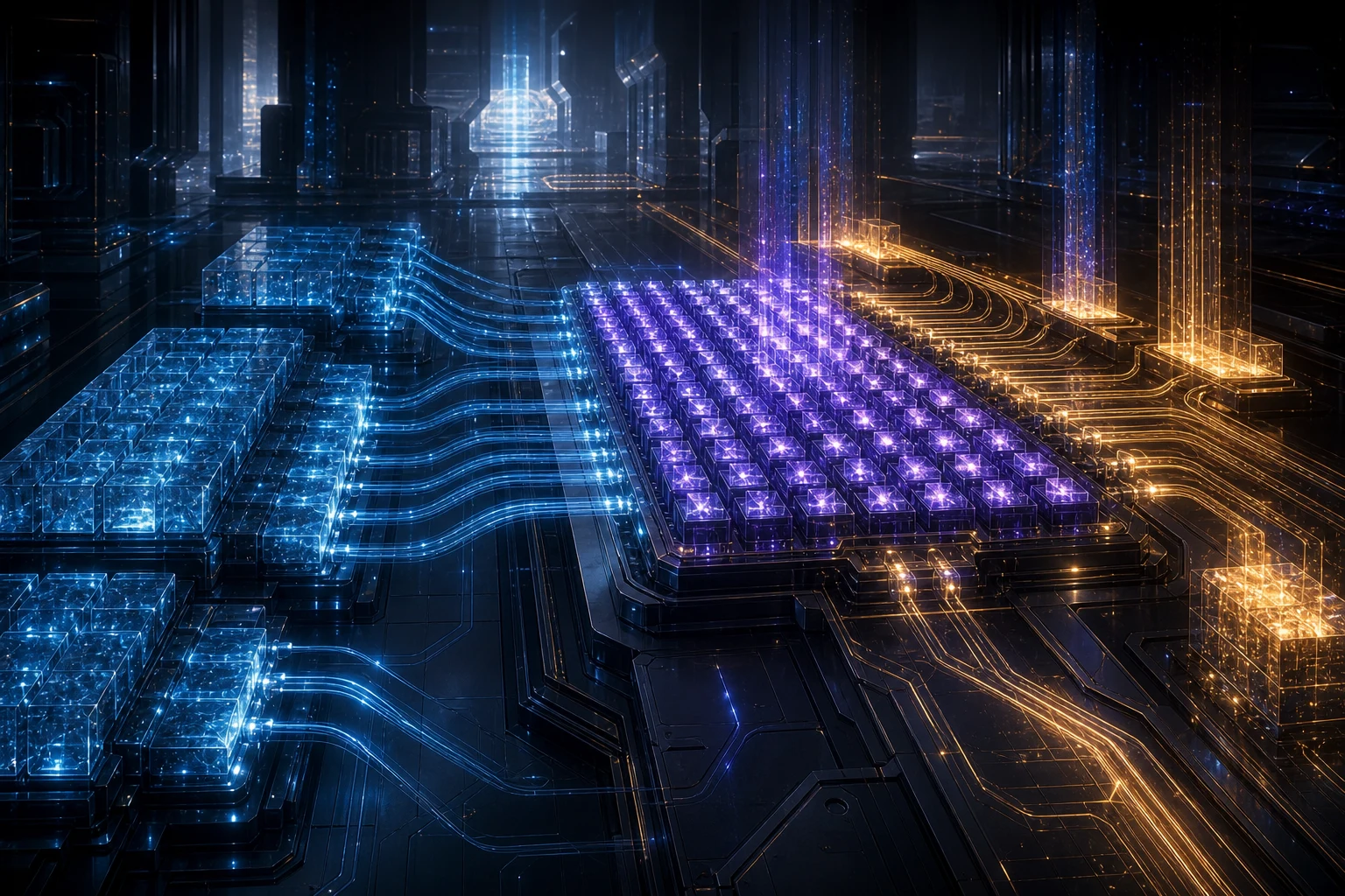 Arquitetura computacional de vidro com matrizes violetas, memória azul e fluxos dourados.