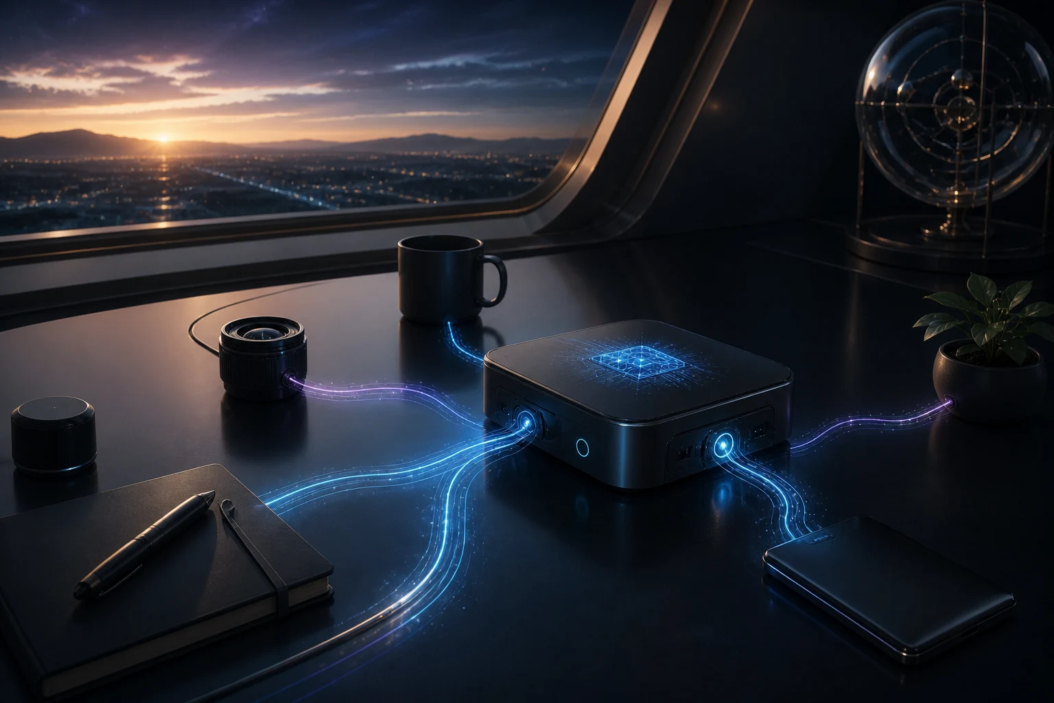 Núcleo computacional compacto em uma bancada humana ao amanhecer, ligado a ferramentas por caminhos luminosos.