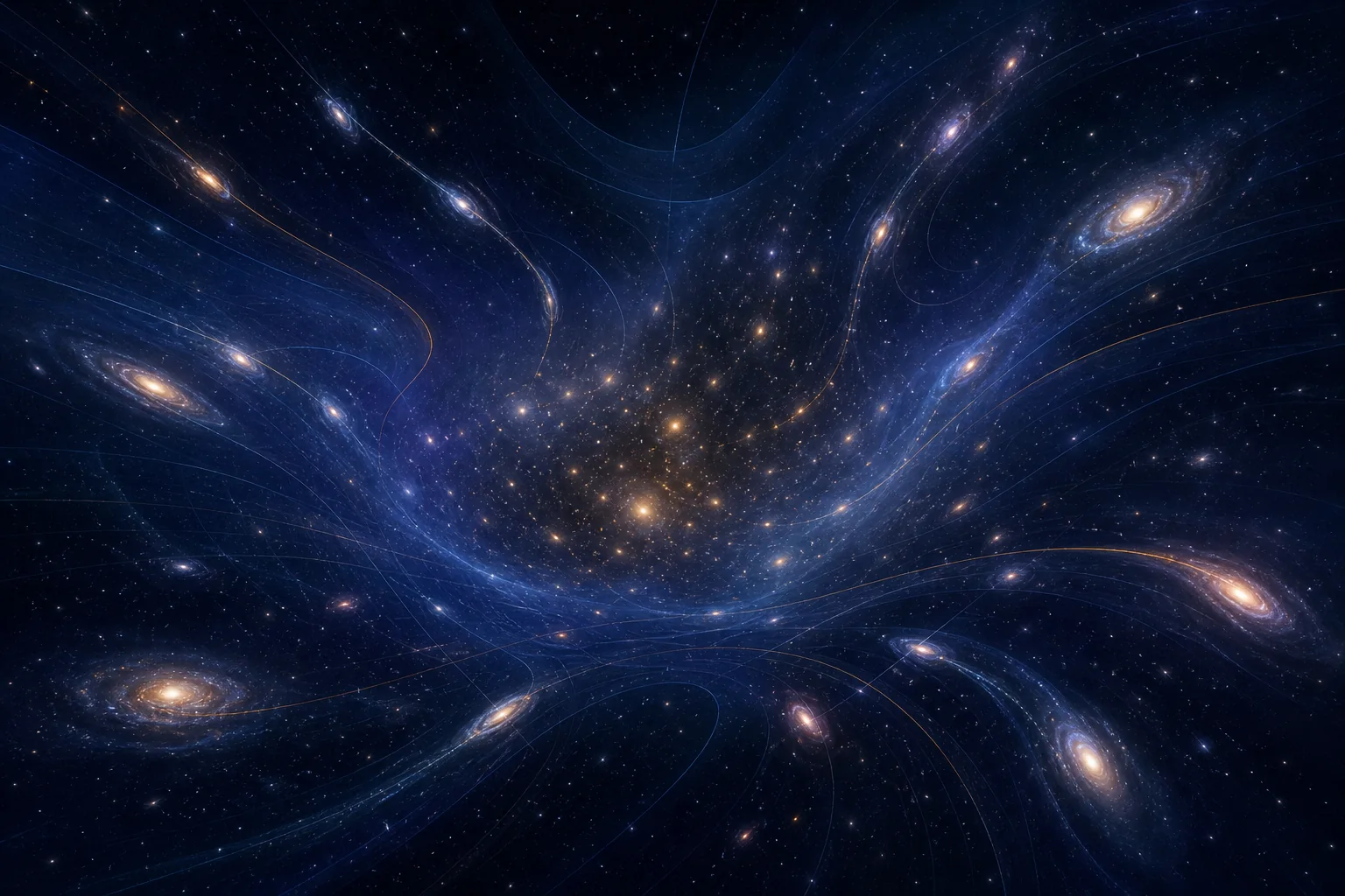Galáxias percorrendo um grande poço gravitacional azul, como se seus caminhos fossem curvados para o centro.