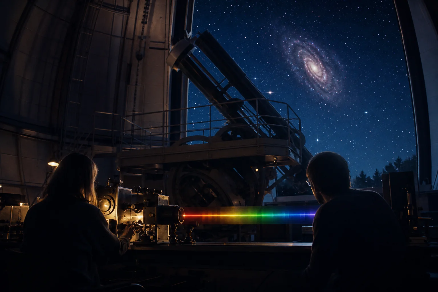 Dois astrônomos em um observatório dos anos 1970 analisando luz por um espectrógrafo diante do céu estrelado.