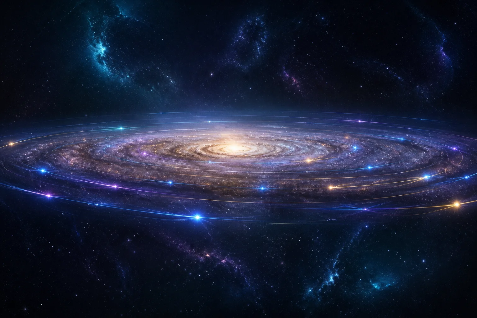 Disco de uma galáxia visto de lado com estrelas luminosas percorrendo órbitas em diferentes distâncias.