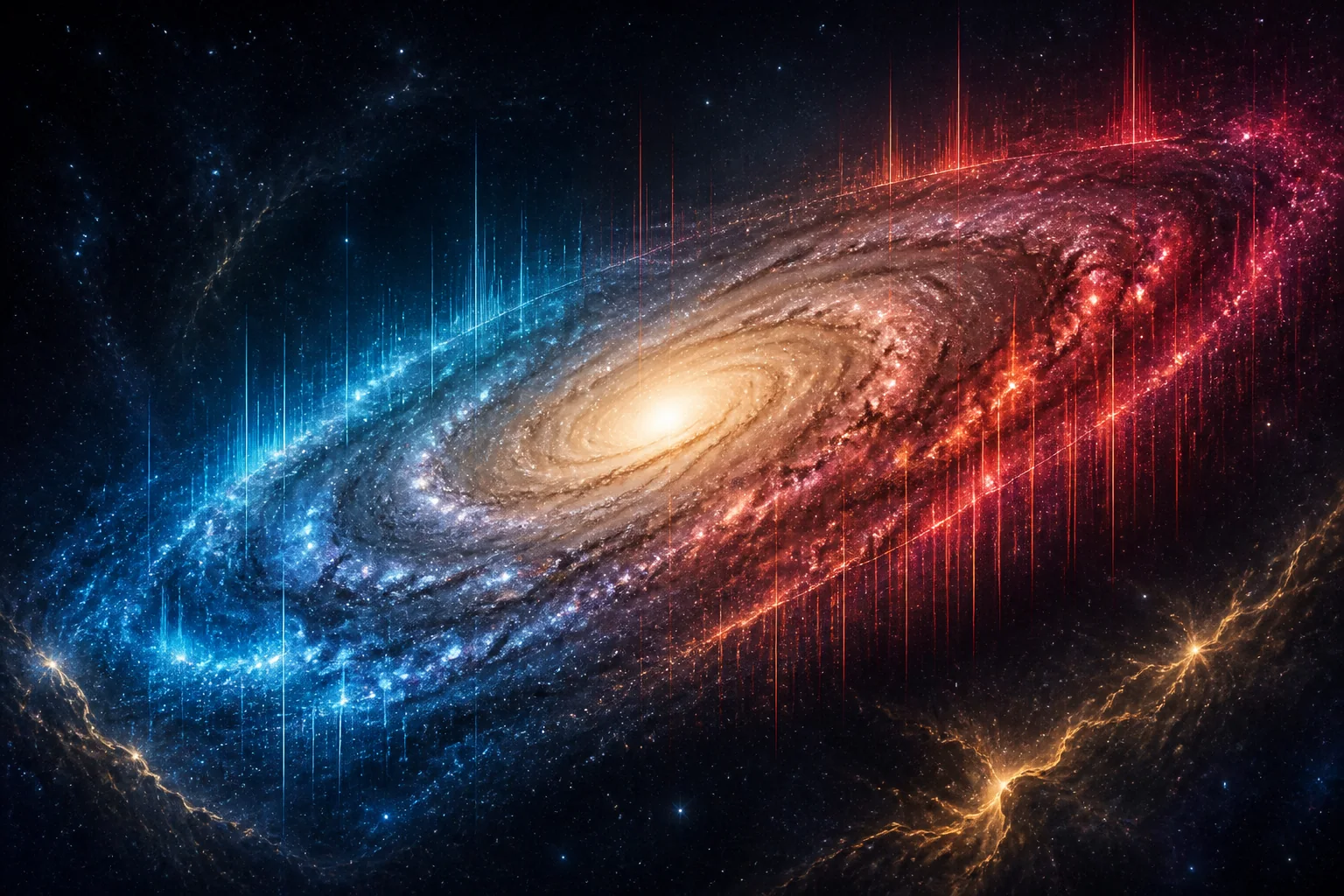 Galáxia espiral atravessada por luz azul e vermelha, sugerindo a medição de seu movimento.