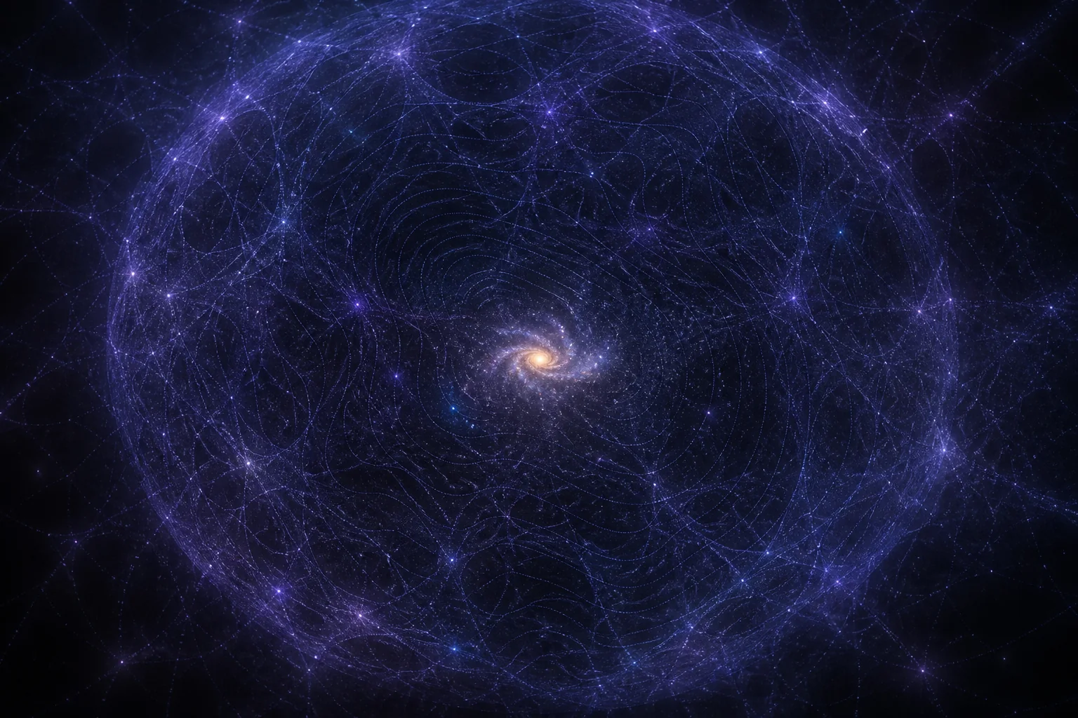 Pequena galáxia espiral no centro de um halo esférico violeta muitas vezes maior que seu disco luminoso.