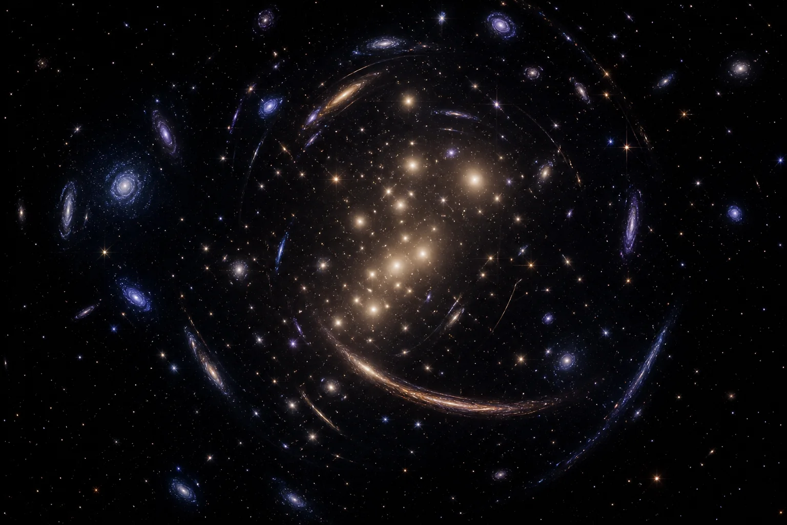 Aglomerado de galáxias deformando a luz de galáxias distantes em longos arcos gravitacionais.