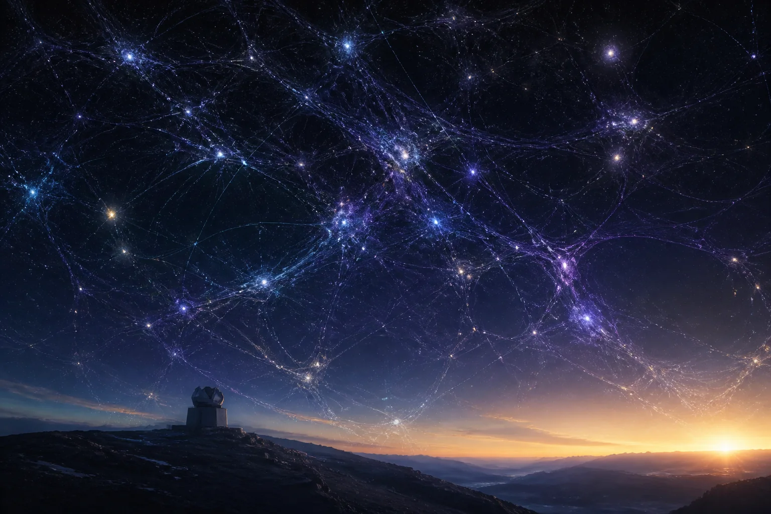 Observatório sob uma vasta teia cósmica luminosa ao amanhecer, simbolizando a busca pela natureza da matéria escura.