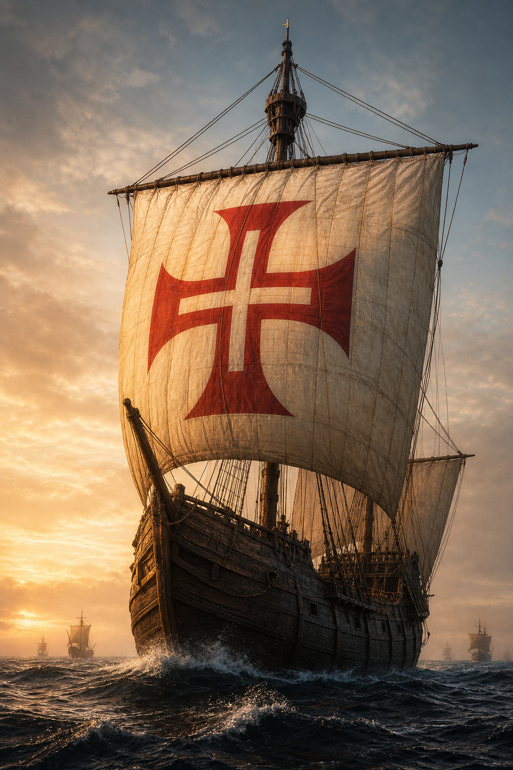 Nau portuguesa de 1500 atravessando o Atlântico ao amanhecer, com a cruz da Ordem de Cristo acompanhando as dobras da vela