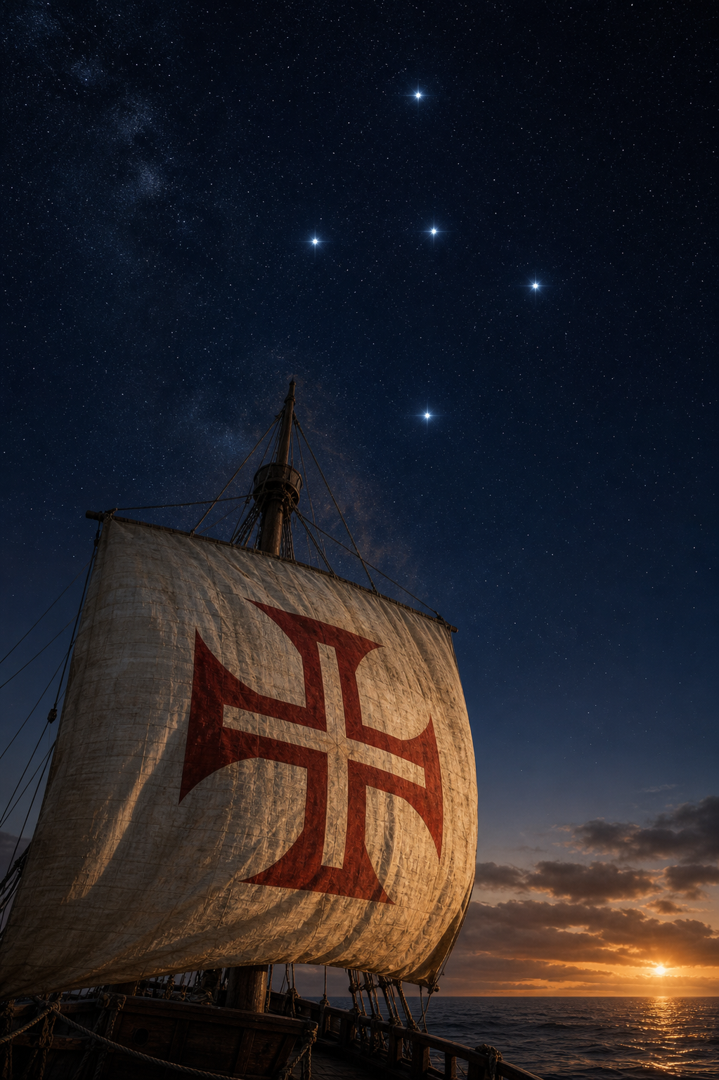 Vela da Ordem de Cristo sob o céu do hemisfério sul, onde cinco estrelas formam poeticamente o Cruzeiro do Sul