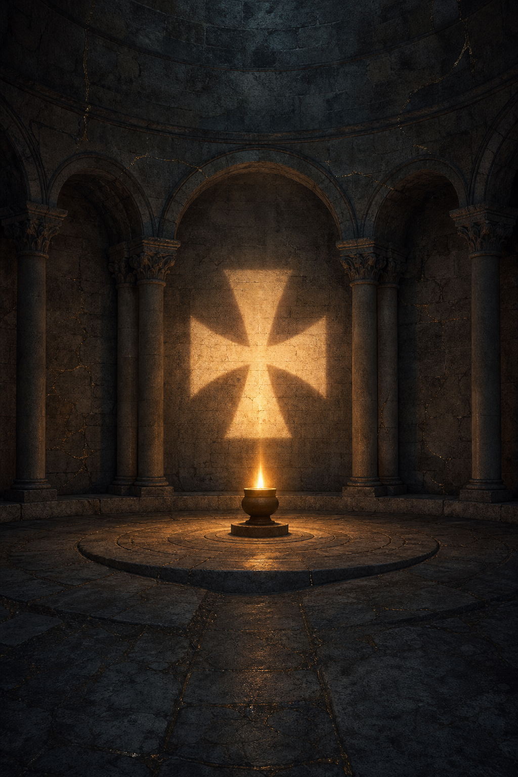 Interior circular de pedra em Tomar, com uma chama central projetando a cruz da Ordem de Cristo em luz e sombra
