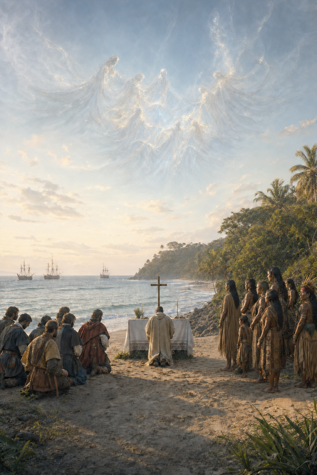 Celebração da primeira missa numa praia, com portugueses ajoelhados e povos originários de pé, todos representados com dignidade
