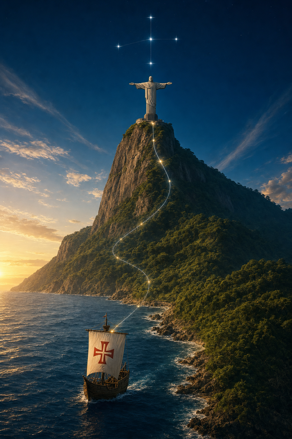 Nau de 1500 diante do litoral verde, ligada por um caminho de luz ao Cristo Redentor e ao Cruzeiro do Sul