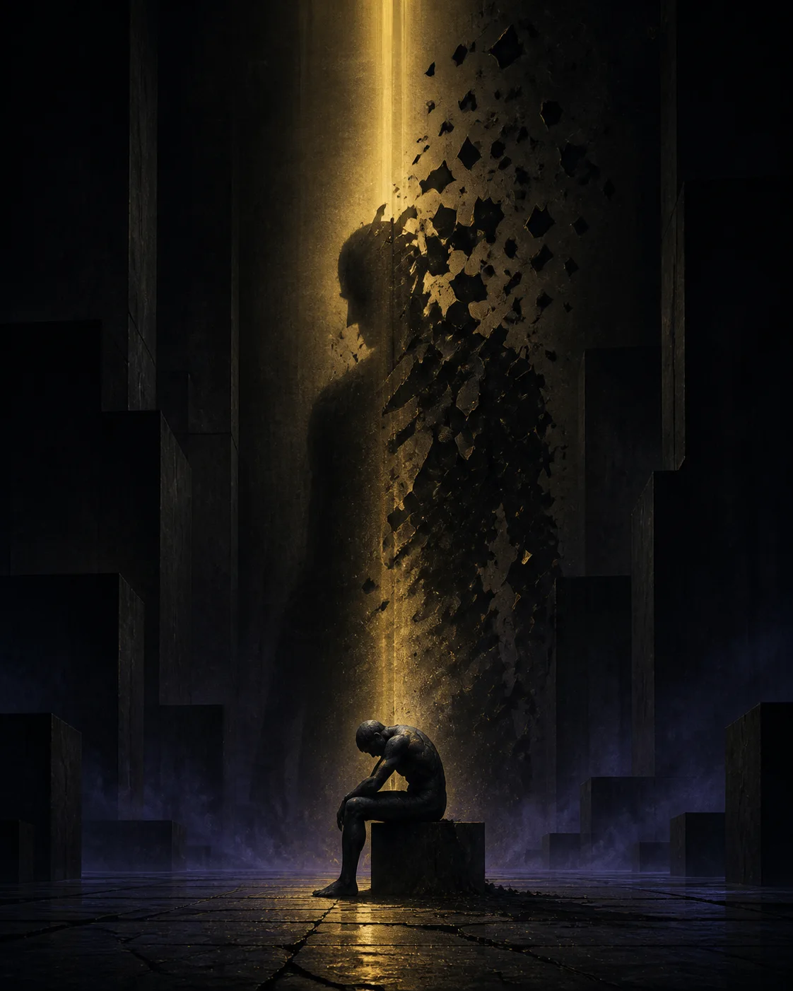 Figura curvada sob um feixe de luz, diante de uma sombra monumental que se desfaz.