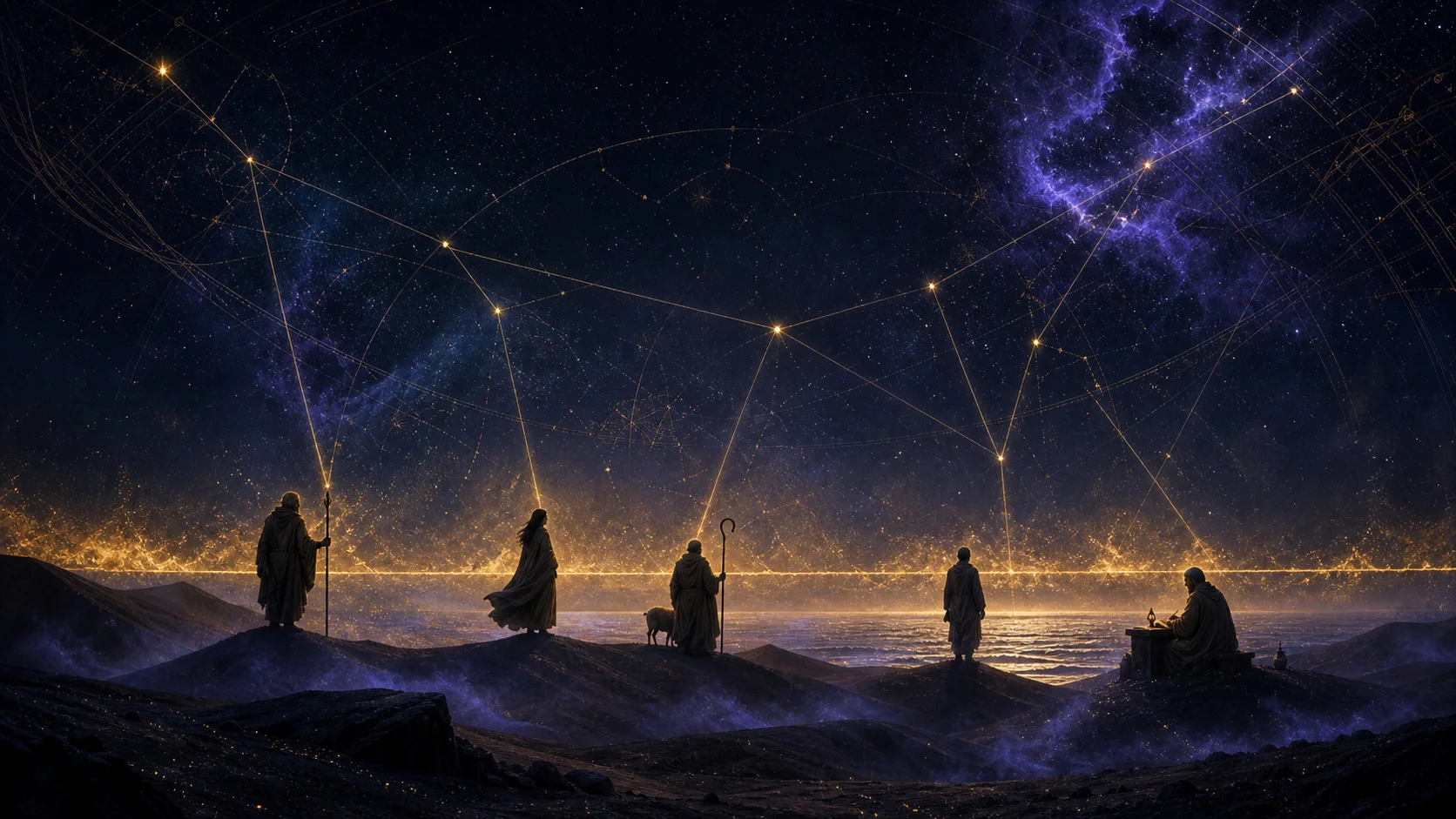 Cinco figuras bíblicas simbólicas conectadas por linhas douradas sob um céu estrelado.