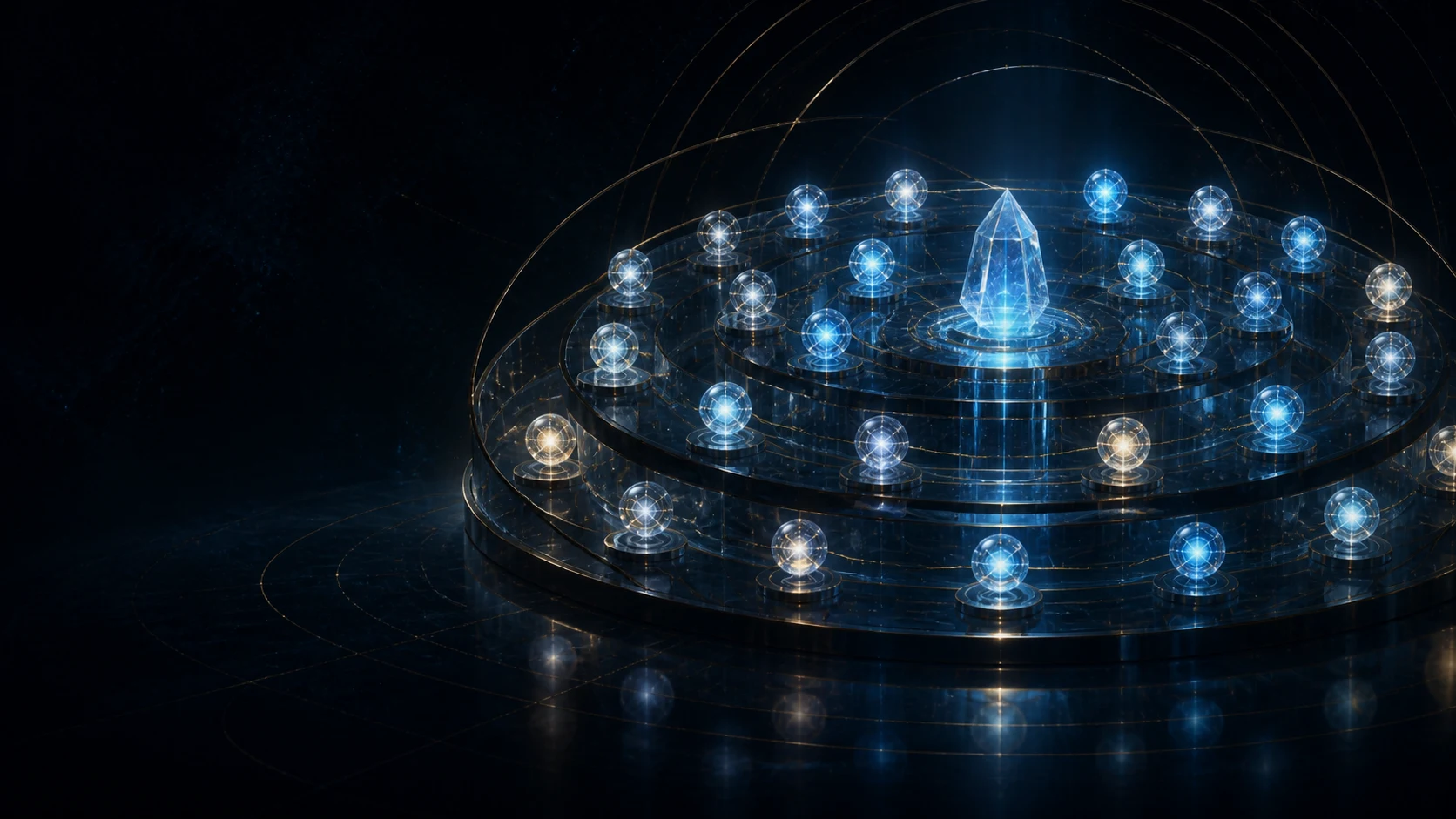 Atlas de inteligências representadas por orbes de vidro sobre uma plataforma circular azul e dourada.