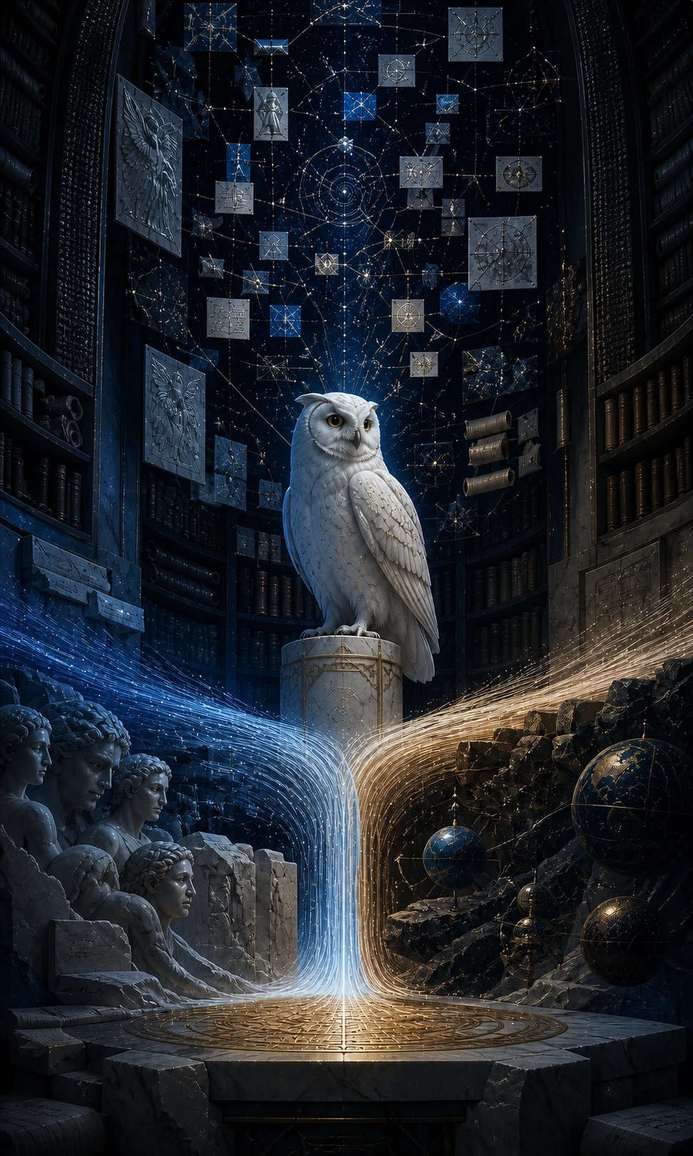 Coruja de Atena guarda um arquivo de conhecimento iluminado em azul celestial.