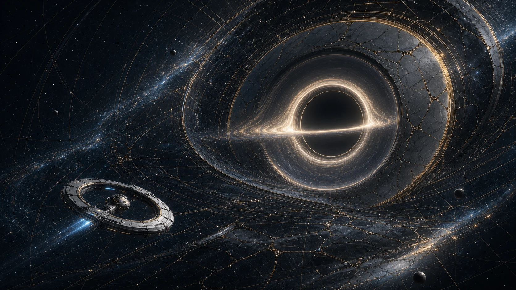 Nave NEXUS diante de um buraco negro envolvido por geometria orbital