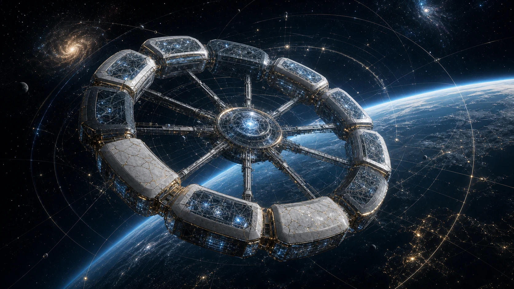 Estação espacial circular transformada em astrolábio NEXUS