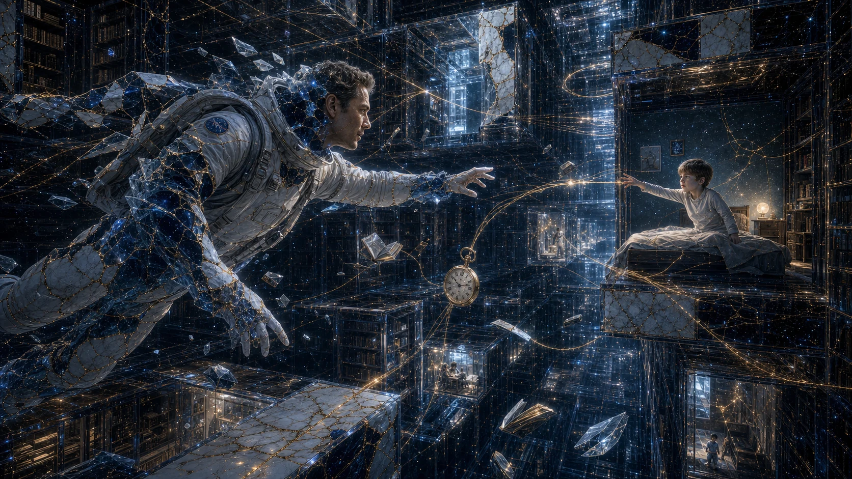 Astronauta NEXUS atravessa uma biblioteca temporal infinita em direção ao quarto de uma criança