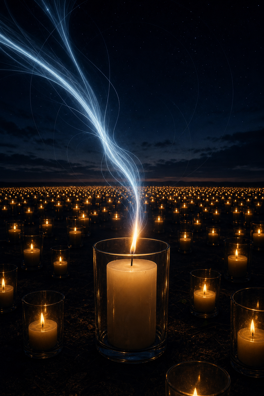 Campo noturno de velas; uma chama central é reacesa por um sopro abstrato de luz, sem rostos e sem violência