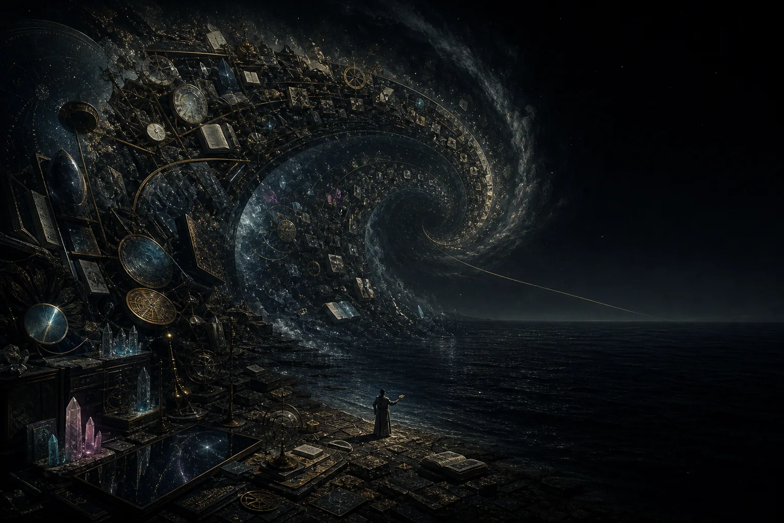 Uma espiral de livros, mapas, instrumentos e espelhos desaparece num oceano negro; uma pessoa pequena permanece na margem com a mão aberta.