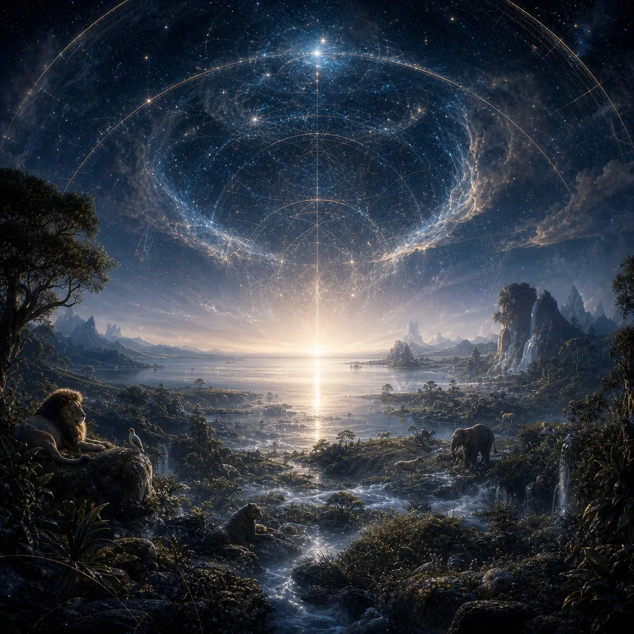Paisagem ao nascer do sol com diferentes formas de vida reunidas sob uma geometria celeste