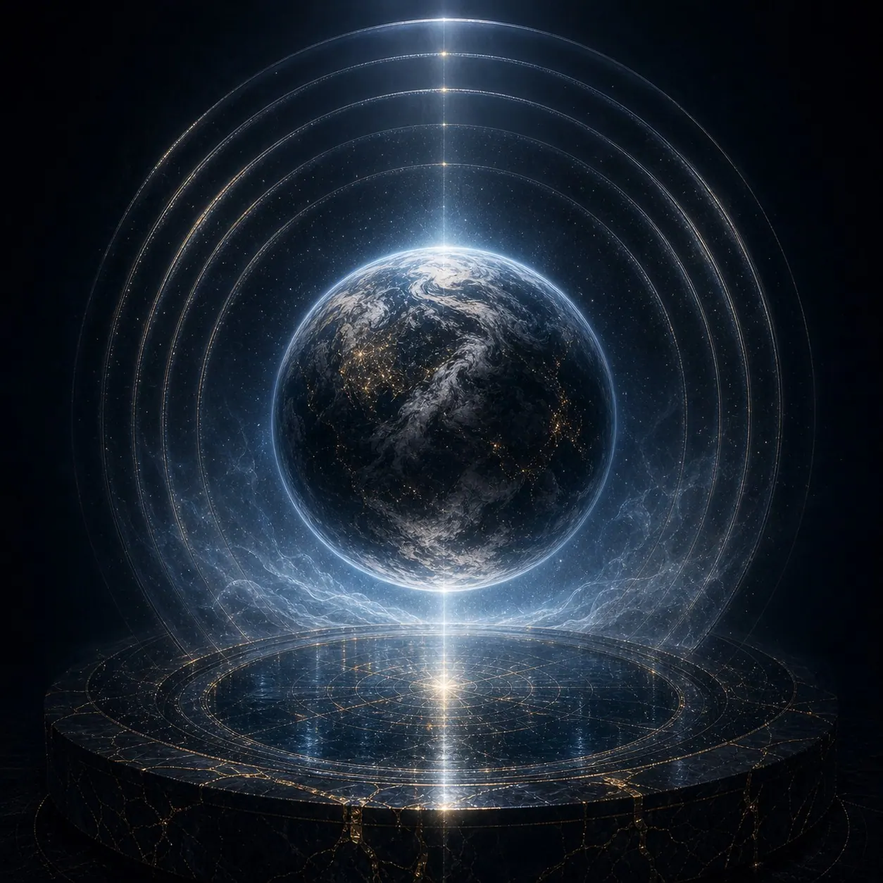 Esfera planetária suspensa sobre uma plataforma circular com anéis de medida