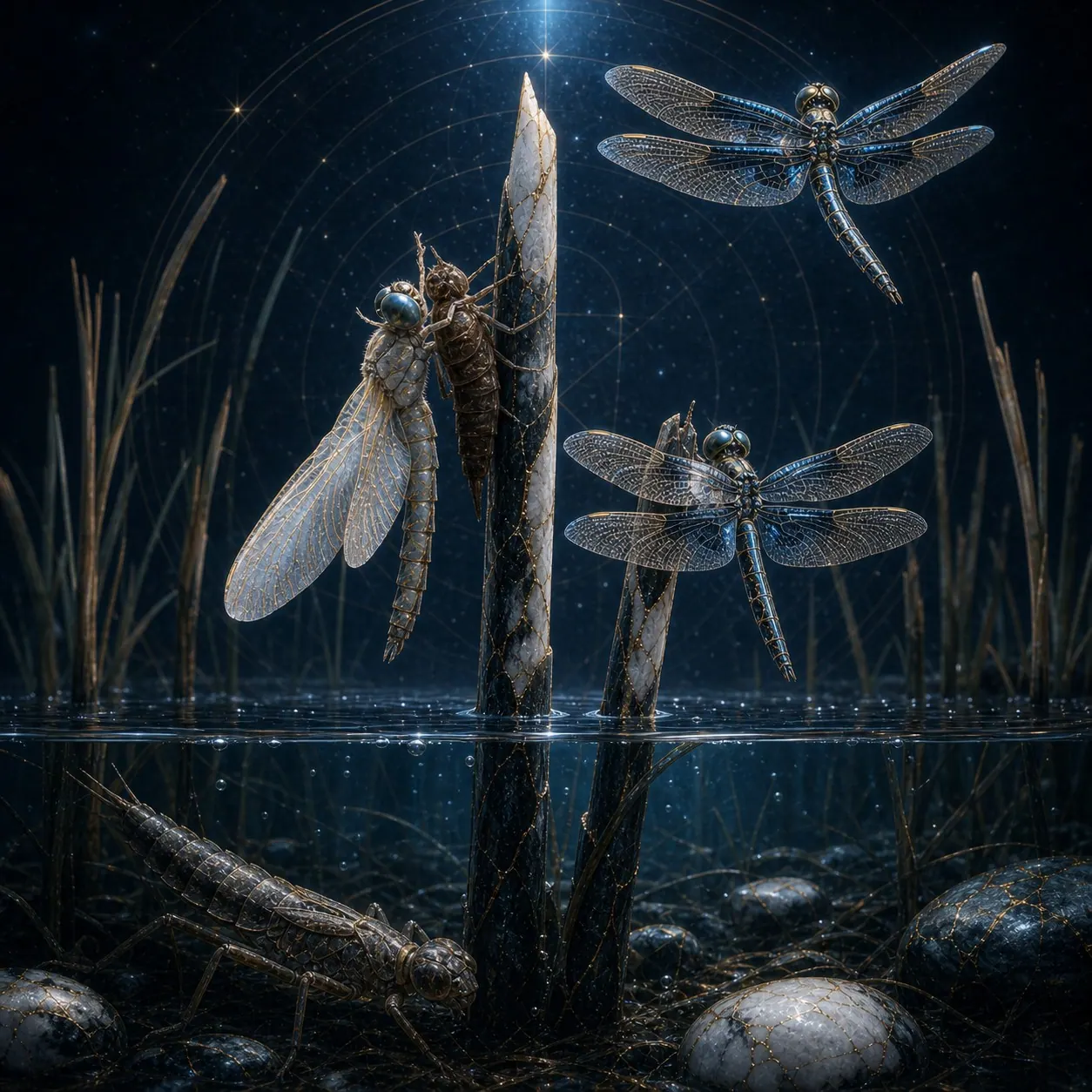 Libélula em transformação sobre a água, cercada por círculos geométricos luminosos