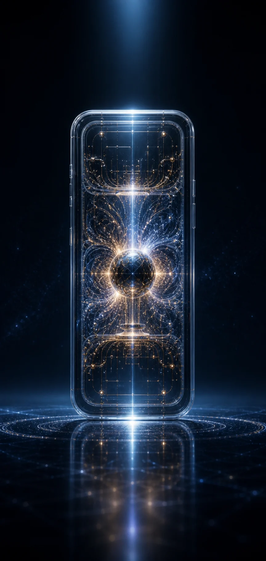 Corte artístico de um iPhone revelando um núcleo luminoso de inteligência protegido dentro do aparelho.
