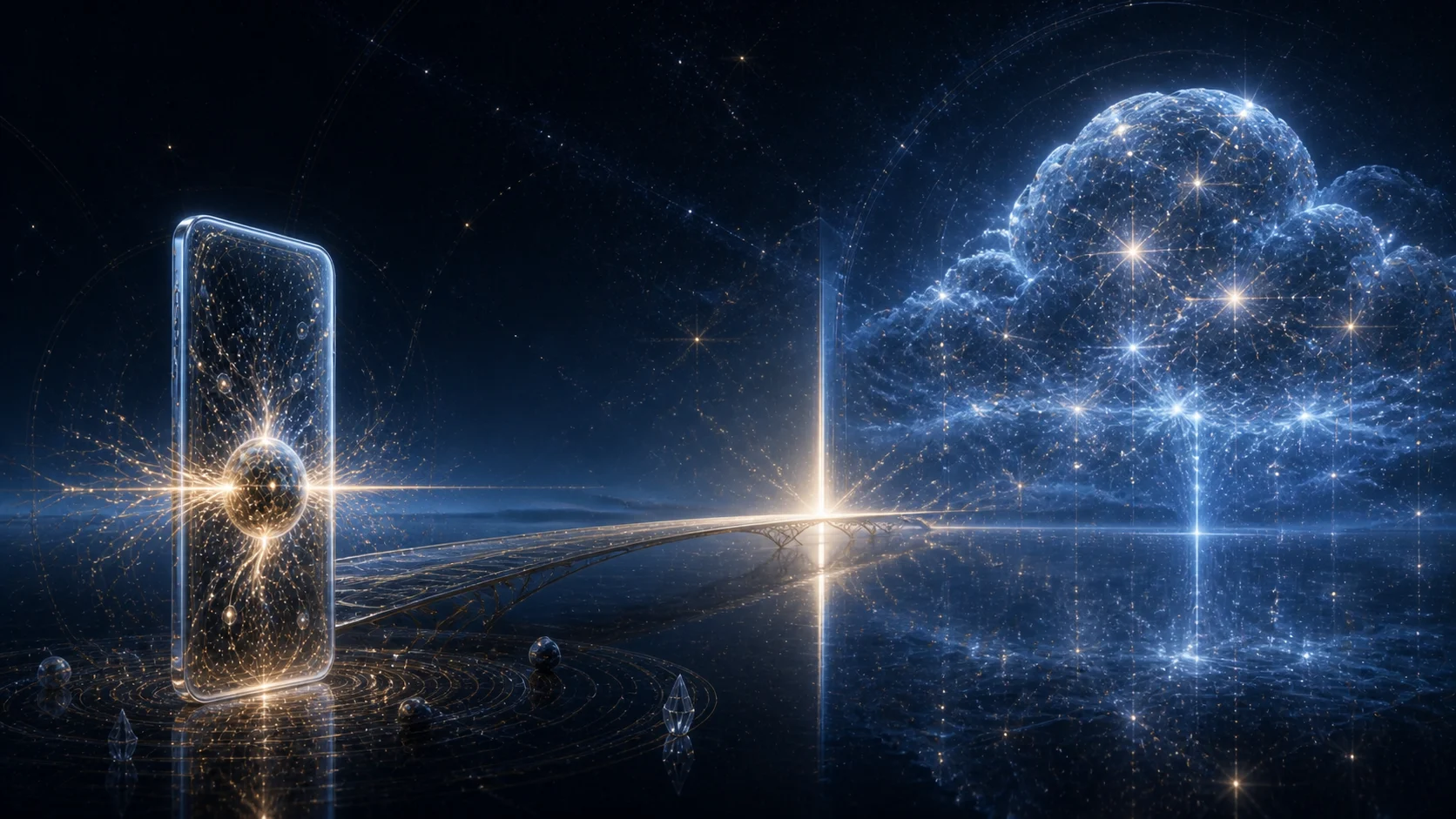 Uma ponte dourada liga um núcleo luminoso dentro do iPhone a uma constelação de inteligência online.